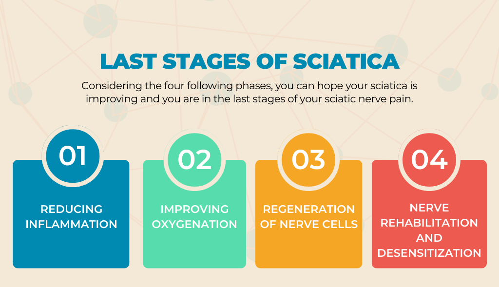 Stages of sciatica healing are: reducing inflammation, improving oxygenation, regeration of nerve cells, nerve rehabiliation.