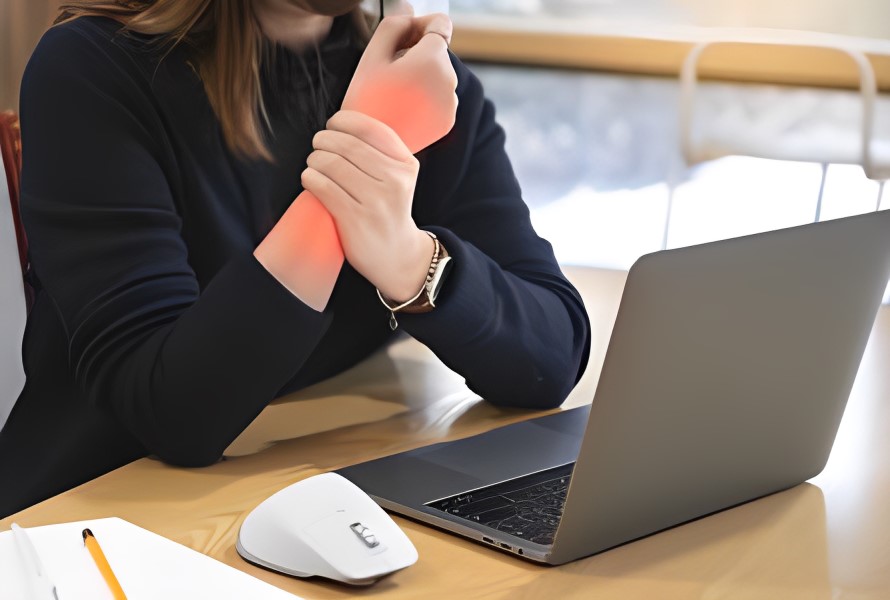 A woman holding her wrist suffering from wrist pain while working with her laptop.