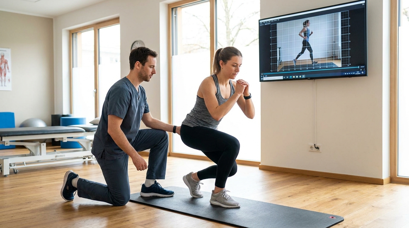 a clinician performing a single-leg squat test on a runner to assess hip stability, with a video screen in the background showing the runner’s gait from the side