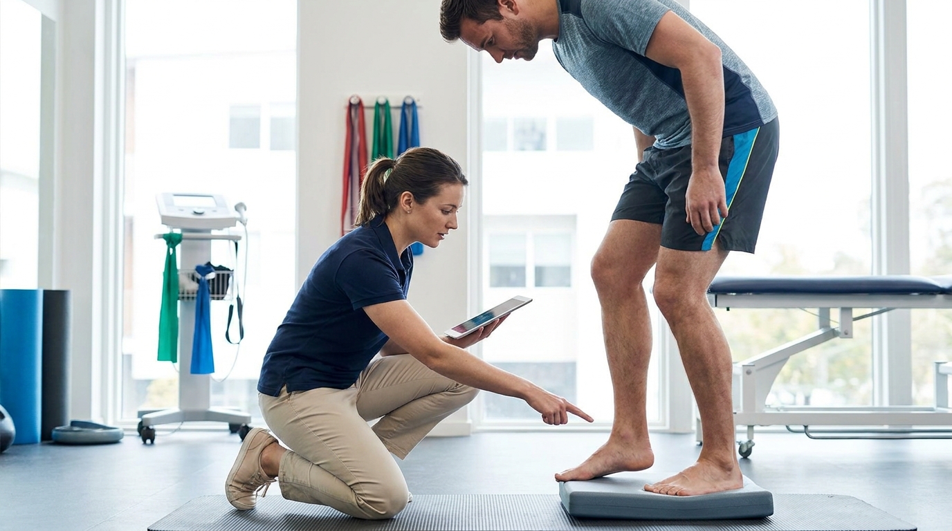 a physiotherapist demonstrating a single-leg balance test while observing the patient's ankle alignment