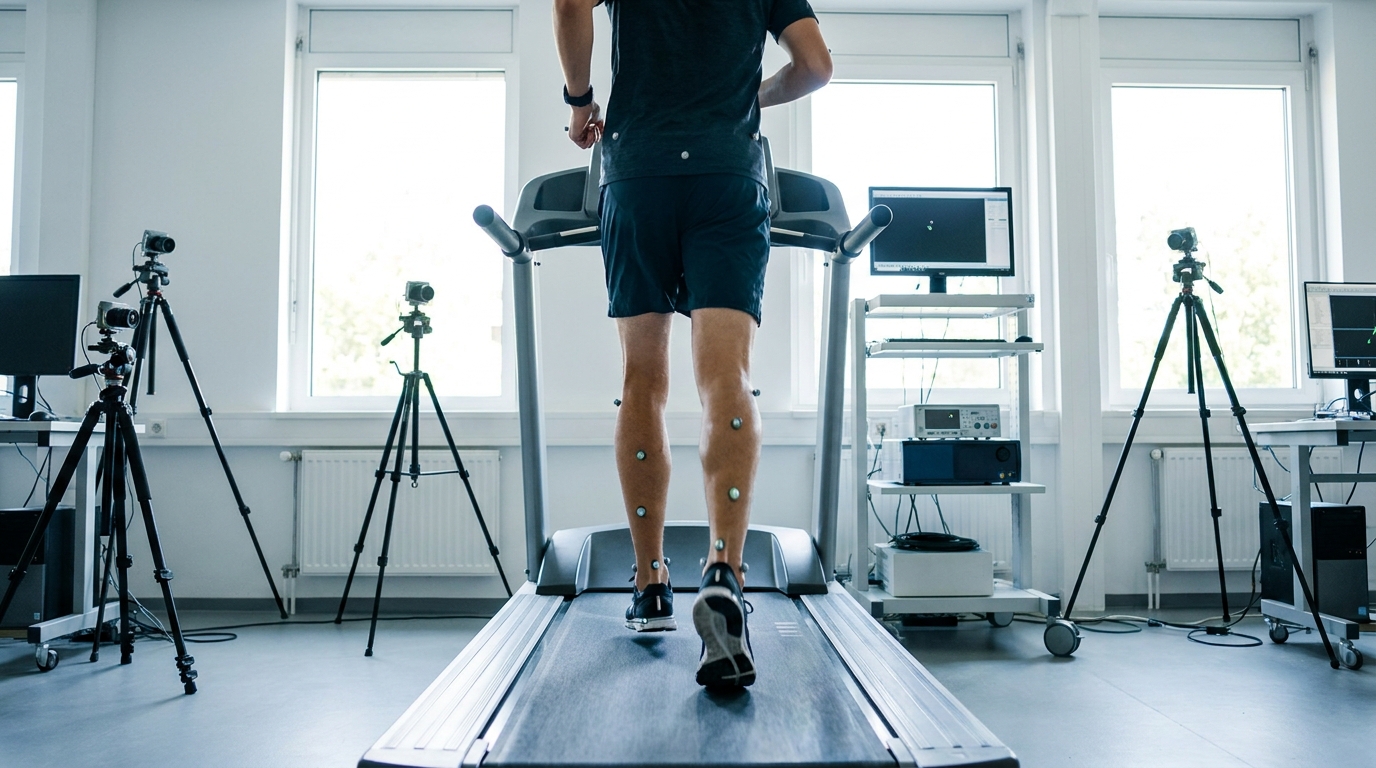 a runner on a treadmill in a clinical setting with reflective markers on their lower body, viewed from behind to show stride mechanics