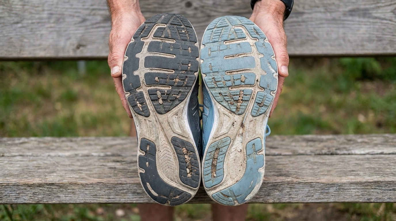 two well-worn running shoes held sole-up, showing asymmetrical wear patterns on the outer and inner edges