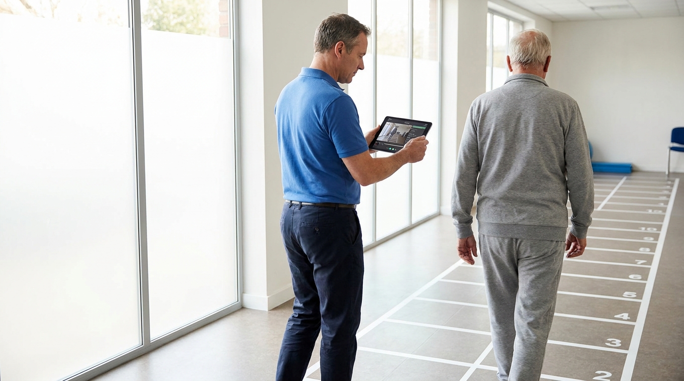 a clinician observing a patient walking on a marked pathway from a side angle, with a tablet in hand for video analysis
