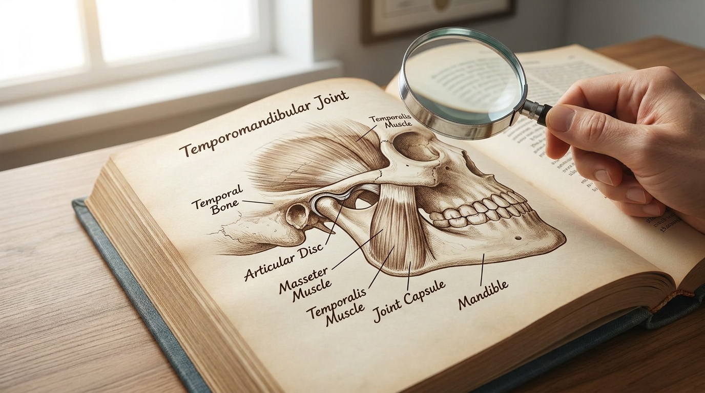 A detailed anatomical illustration of the temporomandibular joint showing the mandible, temporal bone, and articular disc, with labels on the jaw muscles and joint capsule, in a clean clinical style.