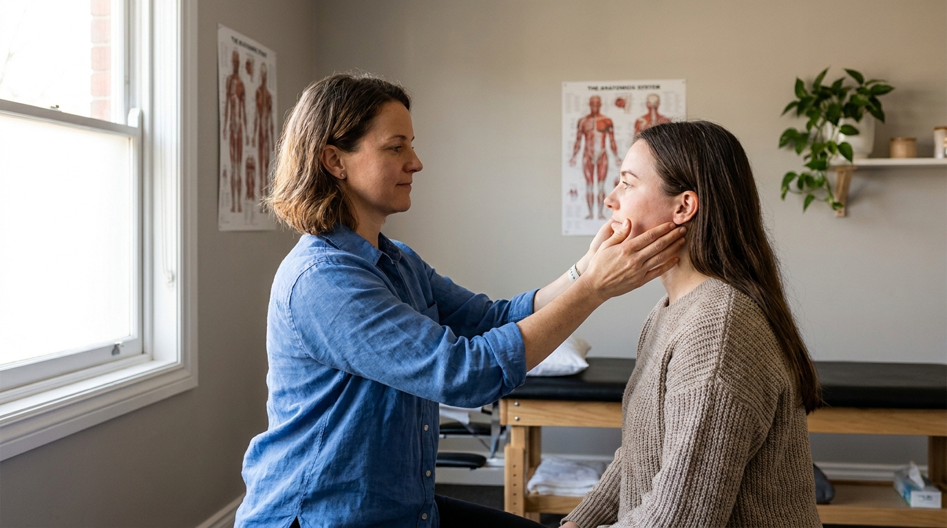 A physiotherapist demonstrating a gentle jaw relaxation exercise to a patient, with hands placed lightly on the cheeks and jaw, in a one-on-one clinical setting.