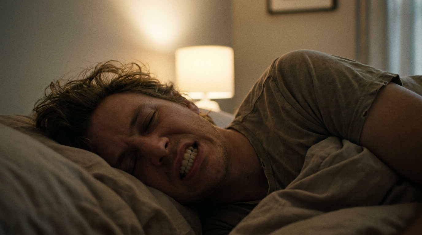 A realistic close-up photo of a person sleeping with a slightly clenched jaw, showing teeth contact and facial tension, with soft bedroom lighting to illustrate nighttime bruxism.