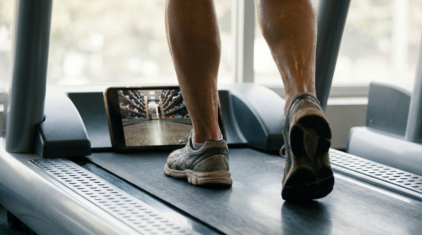 a close-up of a runner’s lower legs on a treadmill with a smartphone propped behind, showing the limited view of a shoe store recording