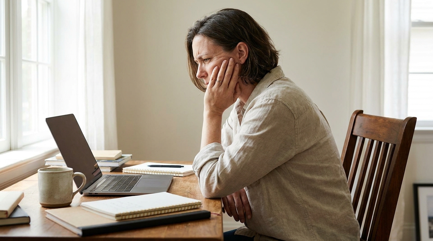 A photo of a person sitting at a desk with forward head posture and rounded shoulders, one hand touching the jaw, demonstrating how poor posture contributes to jaw tension.