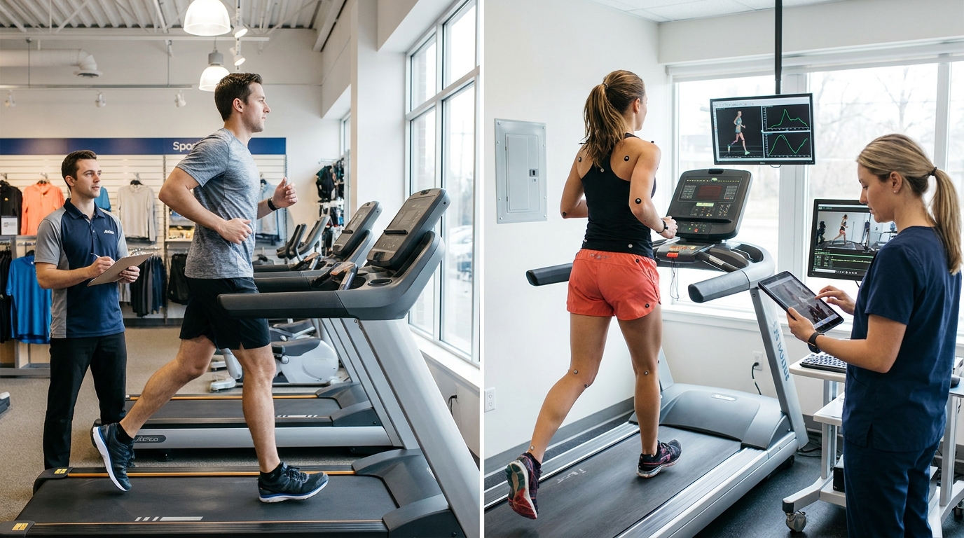 a side-by-side comparison of a runner on a store treadmill being observed by a retail staff member, and a runner undergoing a clinical gait analysis with a physiotherapist reviewing video on a tablet