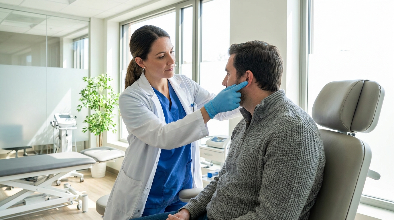 A clinical photo of a healthcare professional examining a patient's jaw joint by gently palpating in front of the ear, both wearing professional attire, in a bright therapy room.