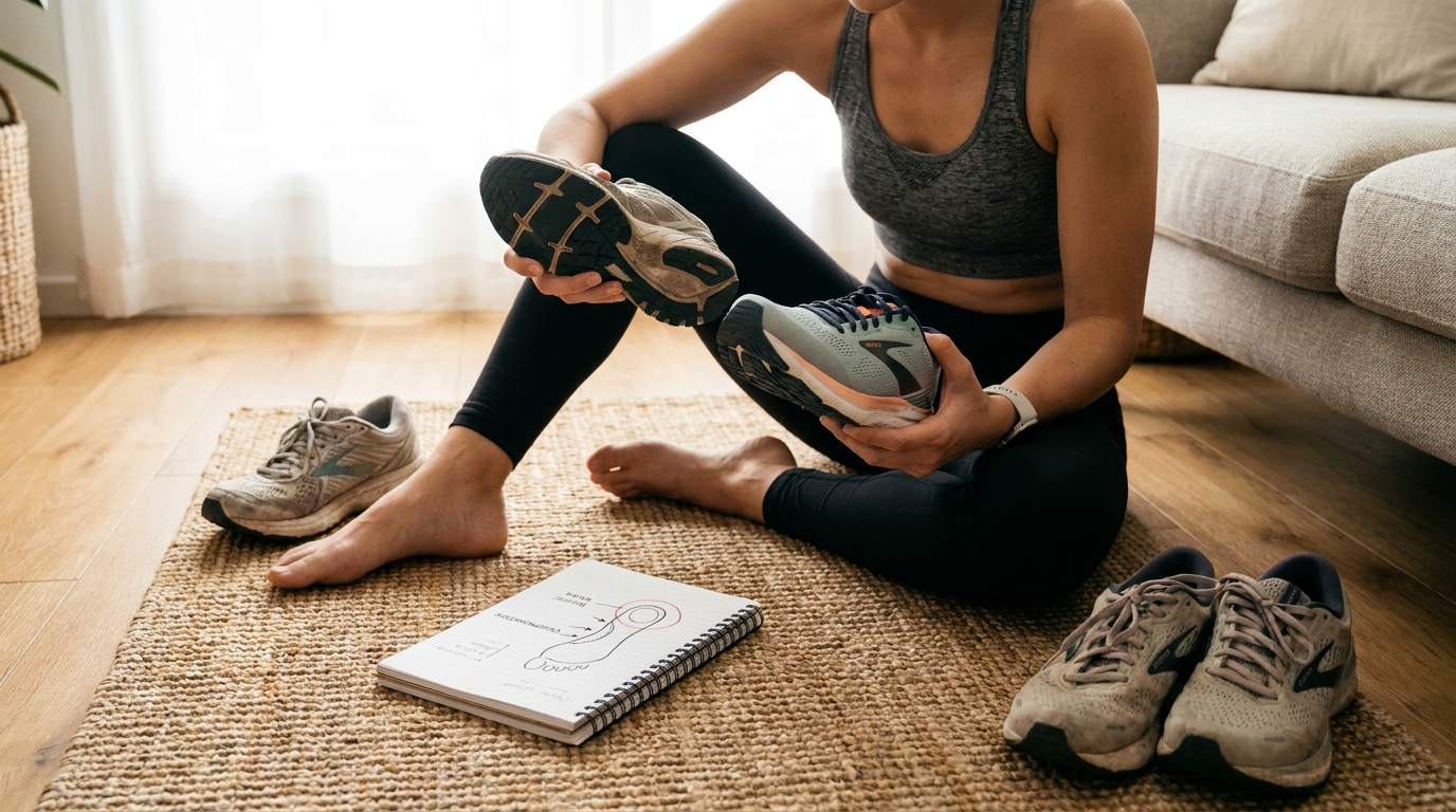 a runner at home comparing two different pairs of running shoes on a mat, with a notepad showing signs of overpronation and heel wear