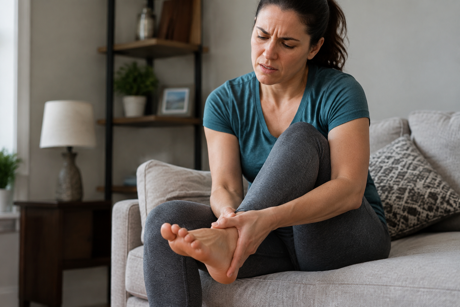 close-up of a person massaging the arch of their foot while seated, with a subtle grimace suggesting ongoing walking-related heel pain
